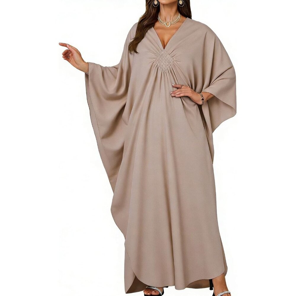Women's Dark Khaki V-Neck Batwing Sleeves Beach Smocked Waist Maxi Kaftan Dress